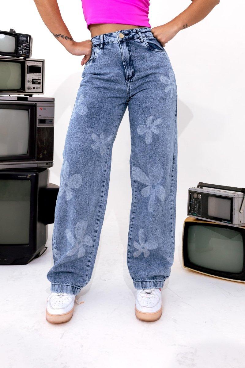 Calça Jeans Wide Leg - Flowers - Bella Poderosa
